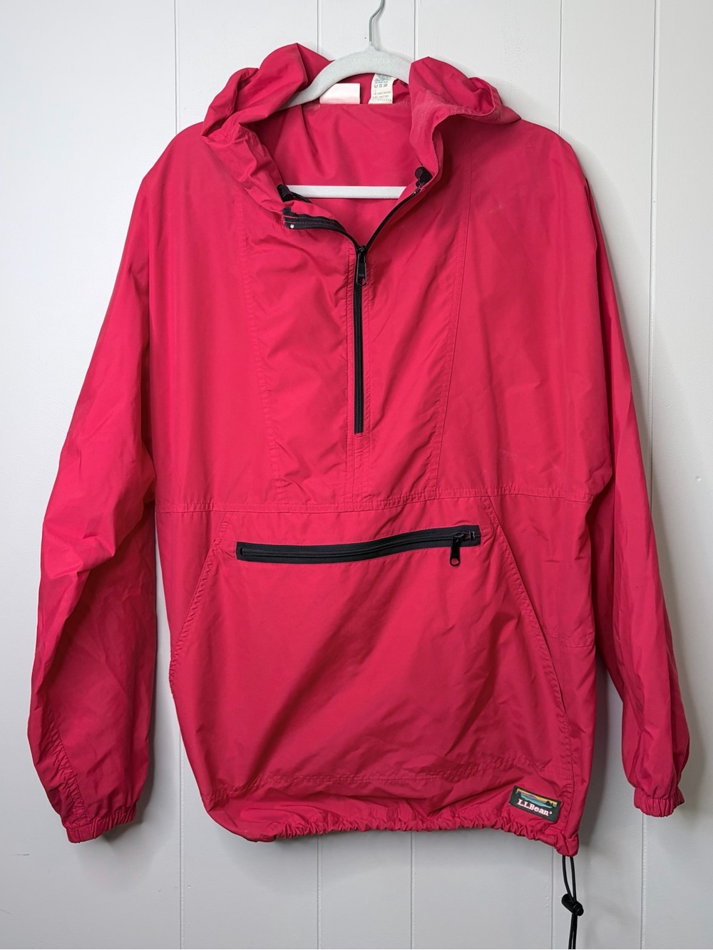 LL Bean Vintage Anorak Hooded Pullover Rain Jacket Red Logo Patch Unisex Large